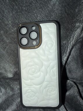 Premium White Floral Leather Phone Case with Black Trim iPhone 15 pro max